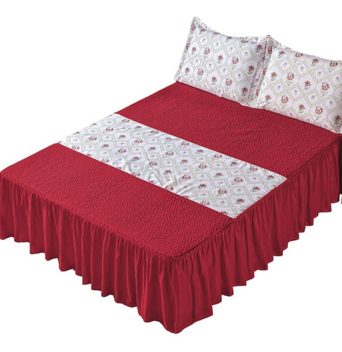 Colcha Queen 5 Peças Com Babado Detalhe Floral Magnólia Cor Vermelho