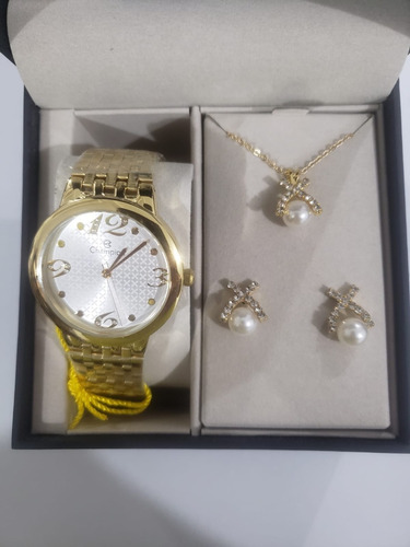 Relógio Champion Feminino Dourado C/ Colar E Brinco Folheado Correia Dourada Fundo Prateado