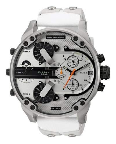 Reloj Pulsera Diesel Mr. Daddy 2.0 Dz7401 De Cuerpo Color Plateado, Analógico, Para Hombre, Fondo Blanco, Con Correa De Cuero/silicona Color Blanco Y Gris, Agujas Color Negro Y Naranja Y Verde, Dial N