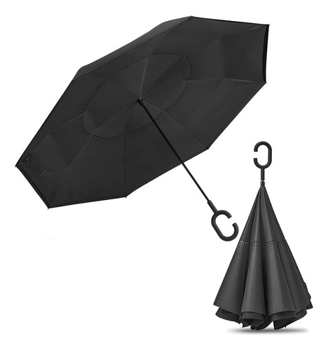 Paraguas Antiviento Inverso Invertido Doble Capa Auto Atrix® Color Negro Diseño De La Tela Liso