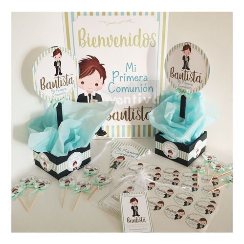 Combo Estampitas Y Decoración Para Comunión Personalizado