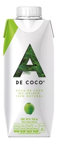 Agua De Coco Natural Sin Azúcar 330 Ml A De Coco Caja 12 Pzs