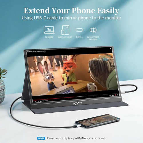 Monitor Portátil Kyy, 15.6'' 1080p, Fhd, Usb-c, 60 Hz