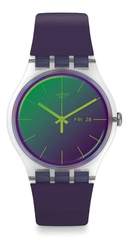 Reloj pulsera Swatch Originals POLAROSE de cuerpo color transparente, analógico, para mujer, fondo verde y púrpura, con correa de silicona color púrpura, agujas color verde, dial verde, bisel color plateado y hebilla simple