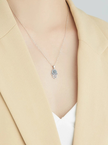Imagen 4 de 5 de Collar Mano De Fátima Plata 925 Suerte Energia Mujer Azul