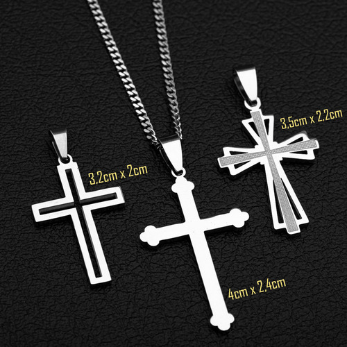 Kit 1 Corrente 3 Pingentes Crucifixo Aço Inox 316l Prata