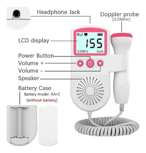 Audífono cardíaco para bebés, monitor de sonar Doppler fetal, color rosa
