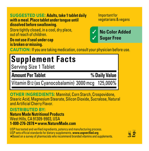 Suplemento De Vitamina B12 Sublingual Nature Made 3000mcg 40