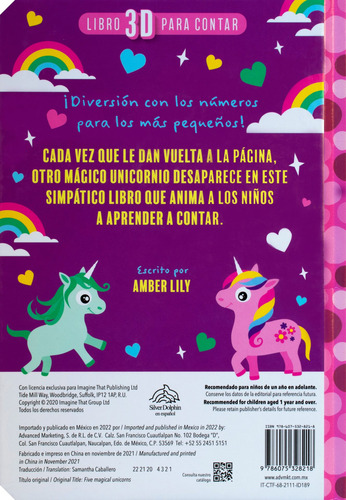 Libro 3-D Para Contar: 5 Unicornios Mágicos.: Libro infantil 3D para contar : 5 Unicornios Mágicos, de Lily, Amber. Editorial Silver Dolphin (en español), tapa dura en español, 2022