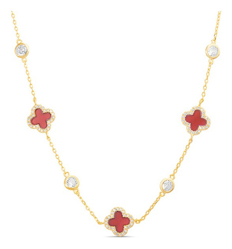 Collar Trebol, Allhambra, Dorado Con Rojo