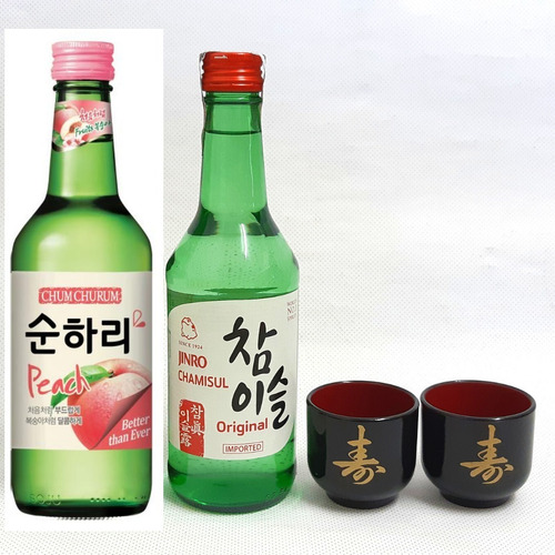 02 Bebida Coreana Soju Original E Sabor Pessego + 2 Copos