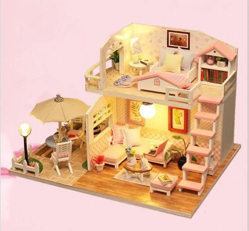 Casa de madeira em miniatura para construção de luz LED - rosa, loft, cor rosa