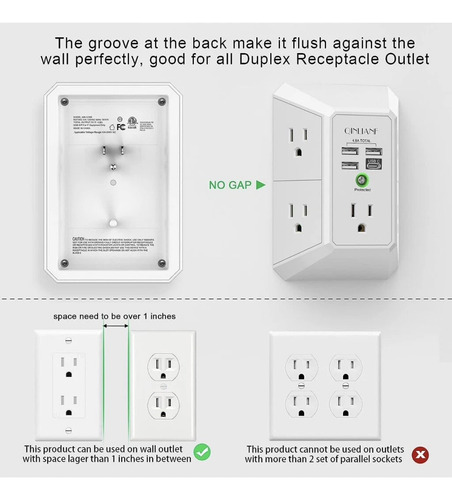 Cargador De Pared Usb, Extensor De 5 Tomacorrientes Con 4 Pu