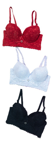 3 Brassieres Con Encaje Floral Push Up Tirantes Ajustables 