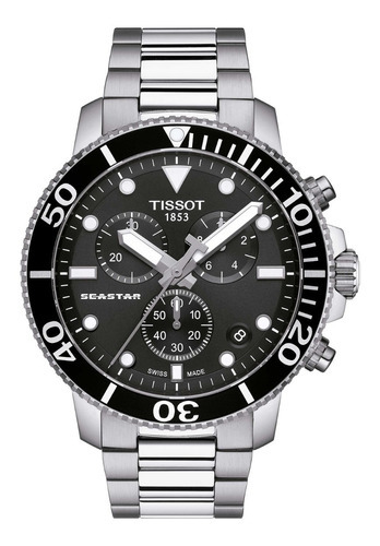 Reloj Hombre Tissot Seastar 1000 Chrono Acero Carátula Negra Color de la correa Gris Color del fondo Negro