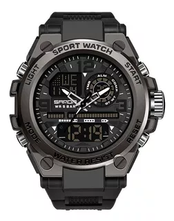 Relógio de pulso Sanda 6024 com corpo preto, analógico-digital, para masculino, fundo preto, com correia de resina cor preto, agulhas cor prata e preto, subdials de cor preto, subesferas cor preto,