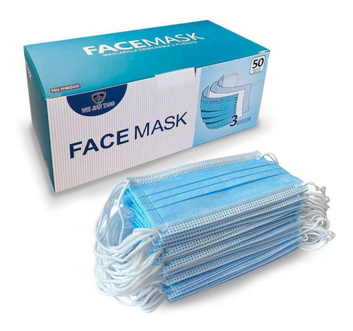 Pacote De Mascara Descartável Tripla Camada Proteção 50 Un Cor Azul