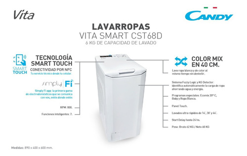 Imagen 2 de 5 de Lavarropas Candy Cst68d Vita Smart Touch 6 Kg 800 Rpm 40 Cm