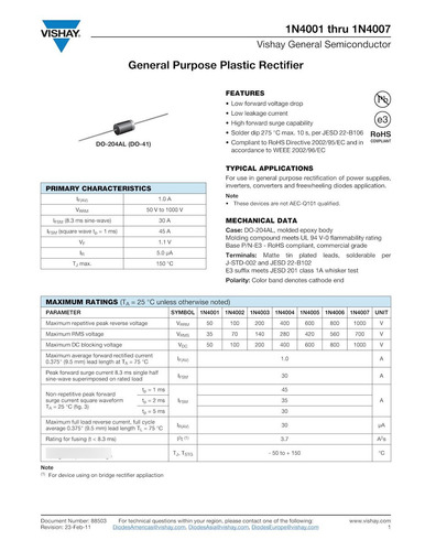 Diodo 1n4007 1000v 1a Do-41  Vishay Calidad - 100pzs Arduino