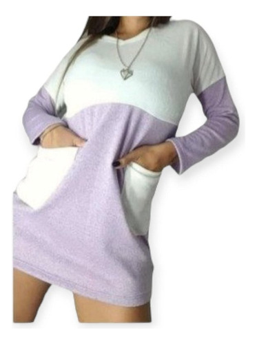Sweater Largo Lanillla Tipo Vestido Combinado Con Bolsillos