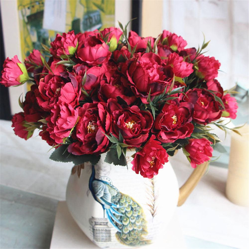 Florero Con Forma De Ramo De Rosas Artificiales, Seda Y Peon
