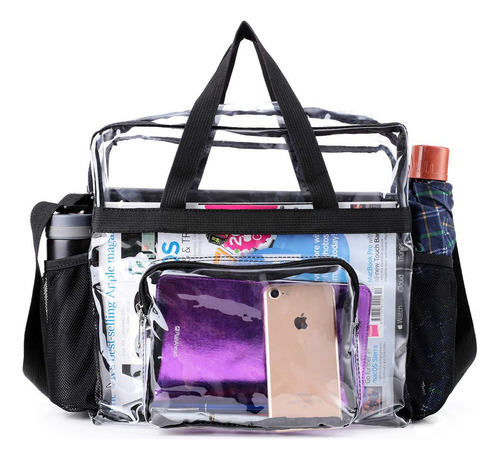 Bolsa Tote Transparente Aprobada Viaje Trabajo Deportivos Acabado De Los Herrajes Nylon Color Negro Diseño De La Tela Nylon