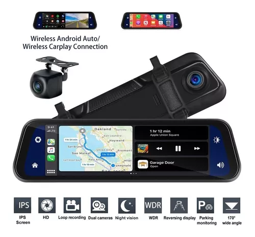 Cámara de espejo retrovisor para coche con WiFi + Bluetooth + pantalla de  11 + cámara de marcha atrás + soporte (Android auto/Carplay iOS)