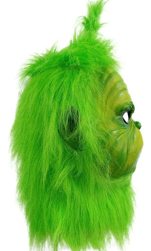 Imagen 3 de 6 de Máscara De Látex+guantes Peludos Verdes Cosplay Navidad Grin