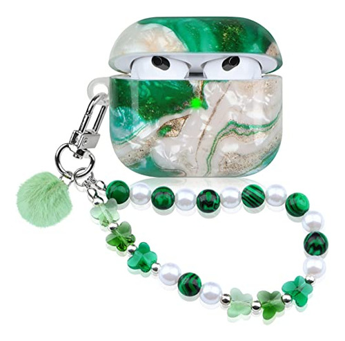 Green Marble Case For Airpod 3 With Butterfly Lanyard Girly