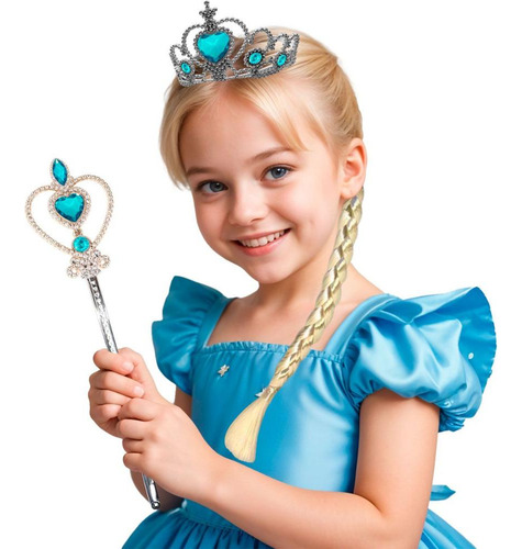 Kit Princesa Infantil Coroa Varinha E Trança Pra Fantasia