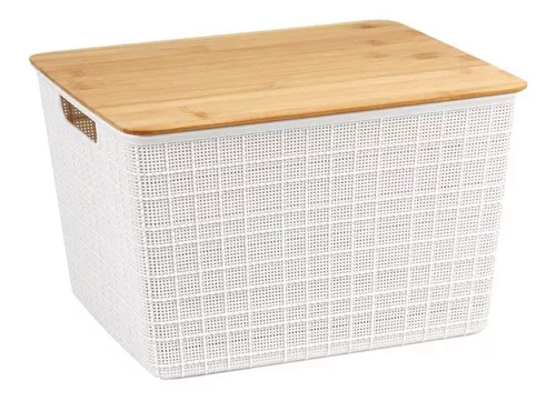 Caja organizadora Oikos de bambú blanca de 18 litros con tapa