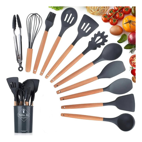 Juego Utensillos De Cocina 11 P C/ Soporte Madera Y Silicona