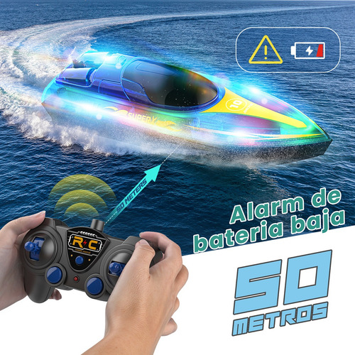 Barco Mando A Distancia Con Luz Led Azul 3 Baterías 15km/h