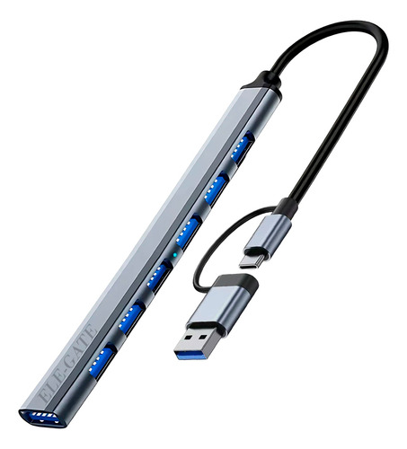 Hub Usb 3.0 7 Puertos Divisor Hub Usb Multipuerto Usb Tipo C Color Plateado Ele-Gate