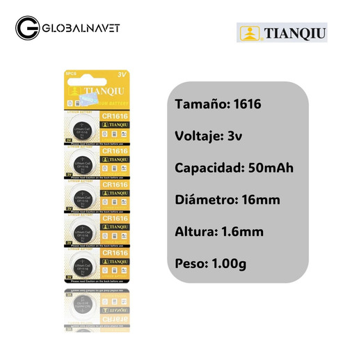 100 Pilas Boton Cr1616 Tianqiu Blister 5 Litio Distribuidor