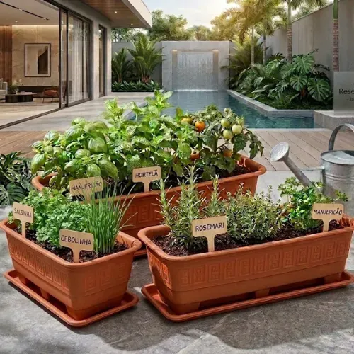 Kit 3 Vasos Floreiras Jardineira Plásticas 6l Com Pratos Terracota  Grego