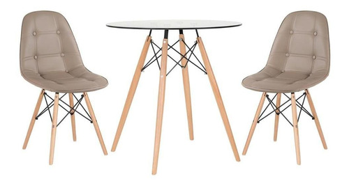 Kit Mesa Eames Wood 70 Cm Vidro 2 Cadeiras Estofada Botone Cor Marrom amarelado