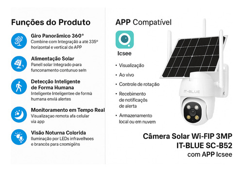 Câmera Solar Wi-fi Ip 3mp Com Painel Solar, Giro 360° E App