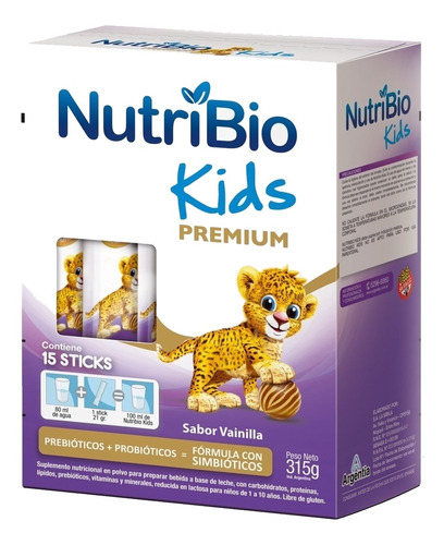 Leche de fórmula en polvo Ethical Pharma NutriBio Kids Premium sabor vainilla en stick x 15 unidades de 21g - 12 meses a 10 años