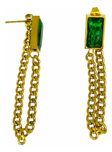 Aros Cadena Bañado En Oro Cristal Verde Esmeralda