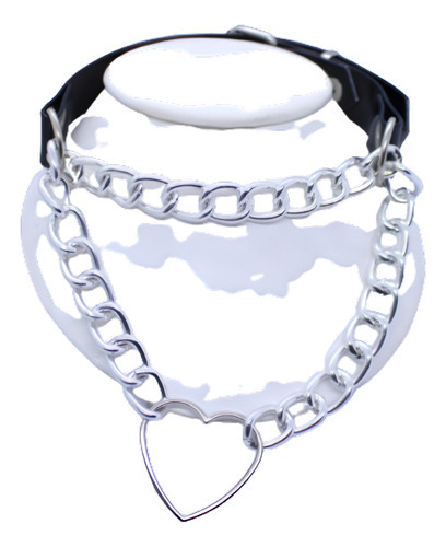 Choker Cadena Plateada Corazon Cuero Sintetico Talle Grand 