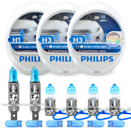 Kit Lampadas H1 + H3 + H3 Philips Crystal Vision + Pingo T10