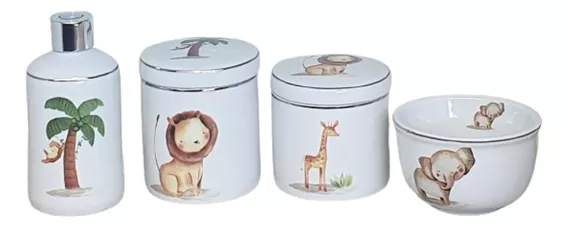 Kit Higiene  Bebe Porcelana  Safari Com Friso Em Ouro/prata 