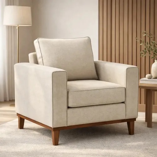 Poltrona Cadeira Beny Luxo Com Base E Pés Em​ Madeira Maciça Para Sala De Estar E Recepção Com 2 Almofadas Cor Linho Bege Newllar Liso