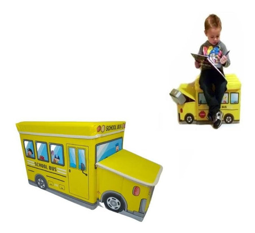 Puff Amarelo Infantil Bau Organizador Brinquedos Duplo Onibu