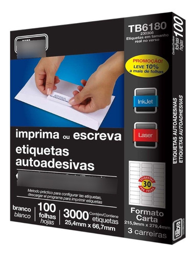 Etiqueta Adesiva Inkjet/laser Carta 6180 25,4 X 66,7 Mm Com Cor Branco