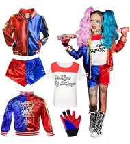 Comprar Disfraz Harley Inspirado, Disfraz Cosplay Harley Quinn Niñas Kit,con Chaquetas, Camisetas, Pantalones Cortos, Guantes,para Halloween, Fiestas Cumpleañ