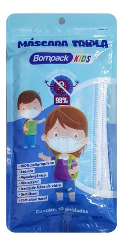 Máscaras Infantil Descartáveis Bompack C/ 10 Unidades Cor Azul