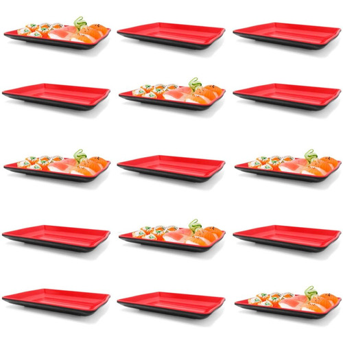 Kit 15 Pratos Em Melamina Retangular 21x13 Cm Para Sushi