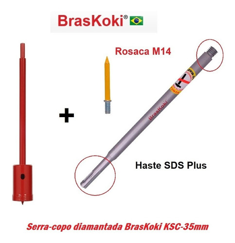 Serra Copo Diamantada 35mm Braskoki C/ Haste Sds Plus 30cm